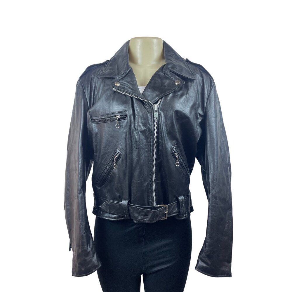 Vintage 80s The Leather Shop Women’s Black Leather Zip Up  Fringe Jacket Sz 18